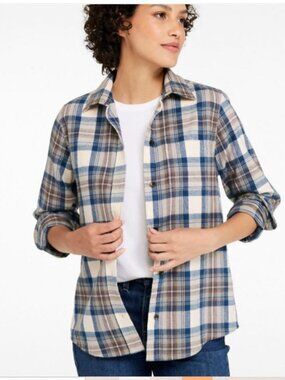 L. L. Bean Women's Blue Indigo Tartan Plaid Flannel Button Up Shirt Medium EUC